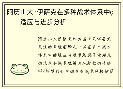 阿历山大·伊萨克在多种战术体系中的适应与进步分析